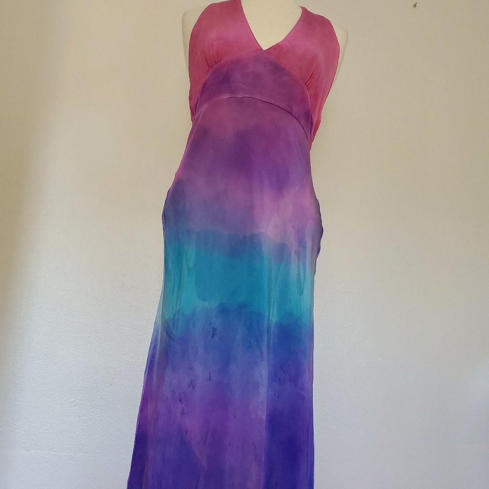 Silk Short midi halter maxi Dress 8 10 bridesmaid party tiedyed purple blue pink